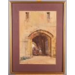 Claude Hayes: watercolours heightened in white, gateway with mounted soldiers, 13 1/2" x 9 1/2",