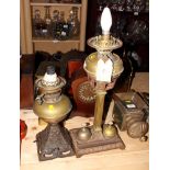 A brass Rippingilles Patent desk oil lamp, base having bell and inkwell (now converted to