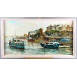 Terry Burke: oil on board, harbour scene, 30" x 14", in decorated frame
