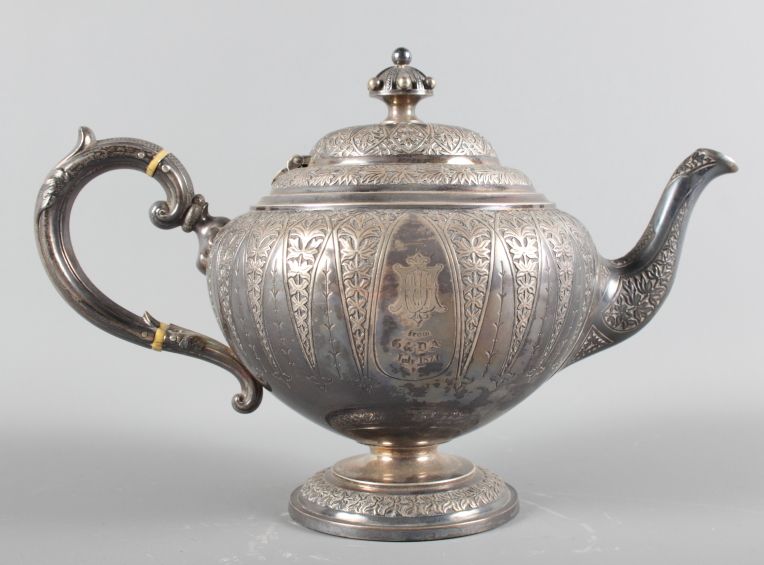 A Victorian Scottish silver three-piece teaset with embossed decoration, 41.2oz troy approx - Image 2 of 2