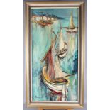 German mid 20th Century: oil on canvas, study of sailing boats, 15" x 31", in painted frame
