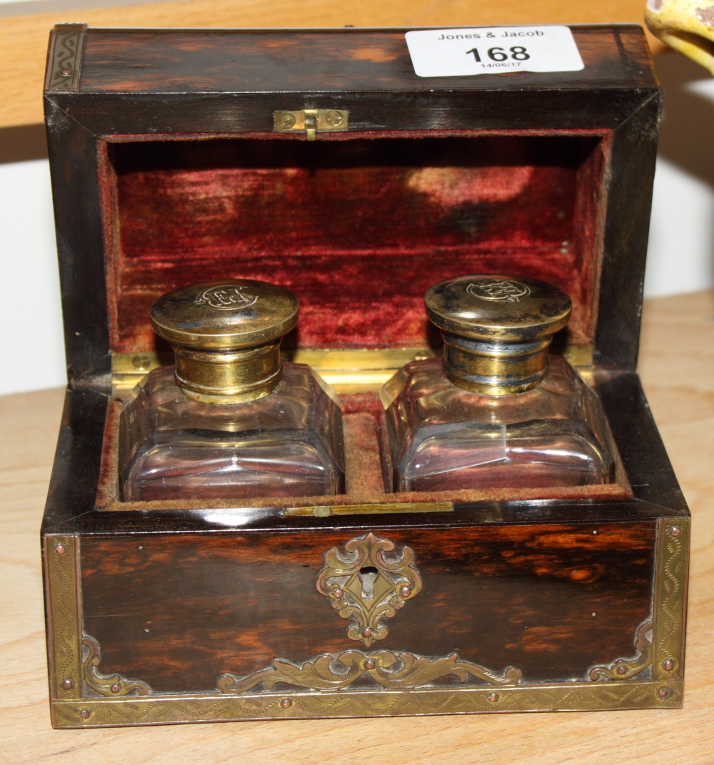 A 19th Century coromandel brass mounted dome topped chest, incorporating two glass bottles with - Image 2 of 2