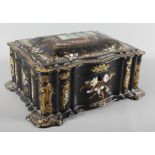 A Victorian rectangular black papier mache casket decorated in mother-of-pearl and gilt, 11" wide,