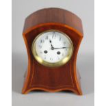 An Edwardian mantel clock in satinwood banded and line inlaid mahogany case, 10" high