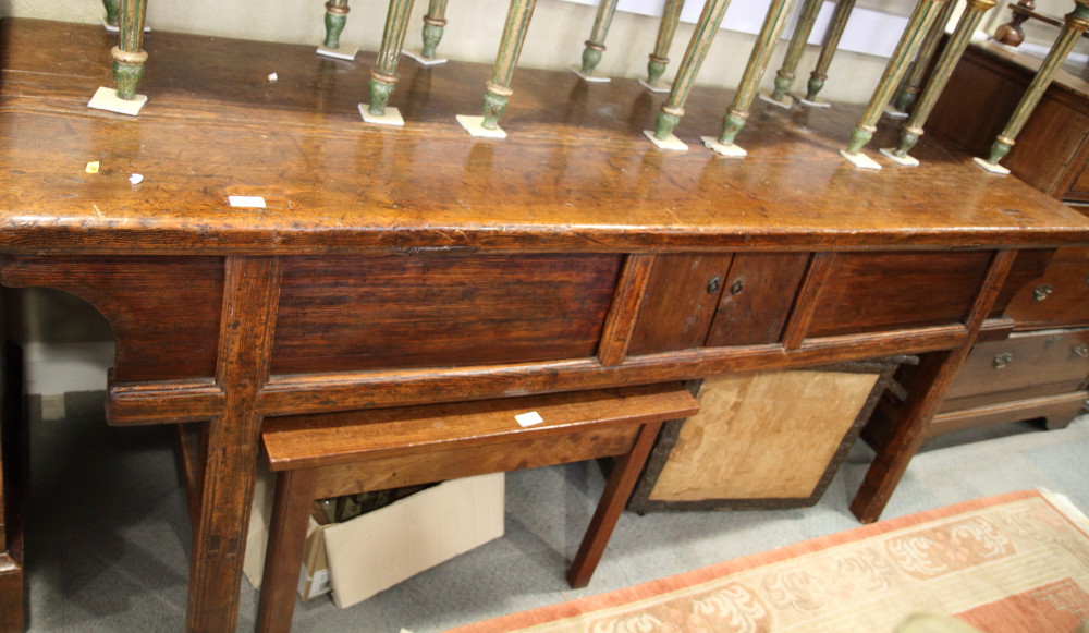 A 19th Century French oak sideboard with panelled frieze, fitted two small doors, 80" wide