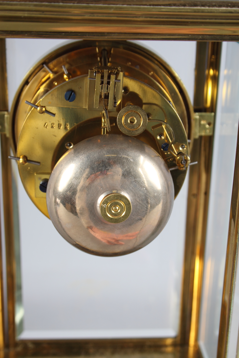 A 19th Century brass cased four-glass clock with white enamel dial and striking movement, 10 1/2" - Image 4 of 8