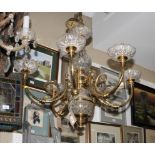 A glass and gilt metal six-branch pendant centre light, 29" dia