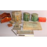 A 19th Century green tooled leather-bound stationery set, a brown leather stationery holder and