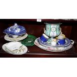 A collection of porcelain including a two-handled urn, a tray, three platters, a Staffordshire tazza