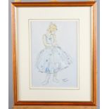 Daphne Thomas: pen and ink sketch with watercolour, study of a dancer, 6.5" x 9.5", in gilt frame