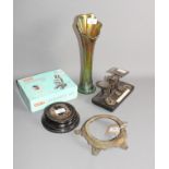 A child's Merit microscope set, in box, a set of brass postal scales with weights, a carnival