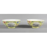 A pair of Chinese porcelain bowls, each decorated with four landscape reserves between floral motifs