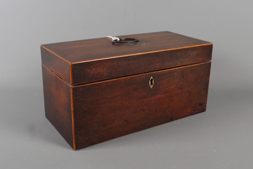 A Georgian mahogany and box line inlaid tea caddy, 11 1/2" wide