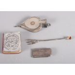 A novelty silver pincushion, in the form of a pair of bellows, a Charles Horner pickle fork with