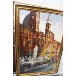 Italian mid 20th Century oil on canvas, cityscape with figured fountain, 22 1/2" x 35", indistinctly