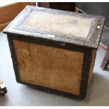 A Victorian embossed brass and tapestry covered wood log box, two metal table lamps with eau de