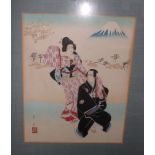 A Japanese coloured print, a man and woman with Mount Fuji beyond, 9 1/2" x 6 1/2", in gilt frame