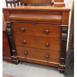 A Victorian mahogany chest of four long drawers with carved pilasters, 42" wide