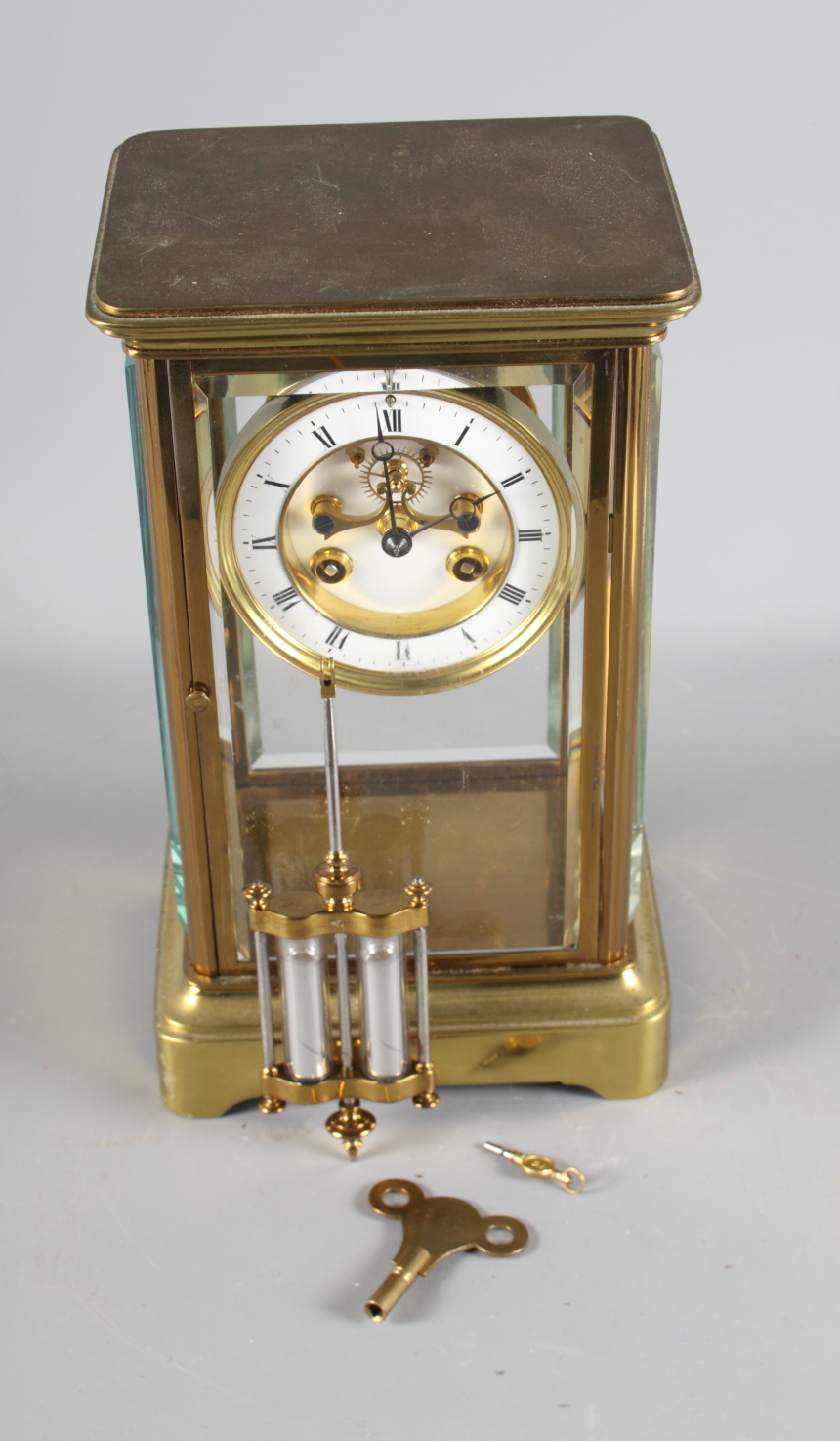 A 19th Century brass cased four-glass clock with white enamel dial and striking movement, 10 1/2" - Image 7 of 8