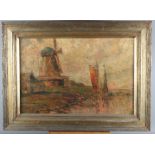 German early 20th Century School: oil on boards, study of windmills and boats, 23" x 15 1/2", in