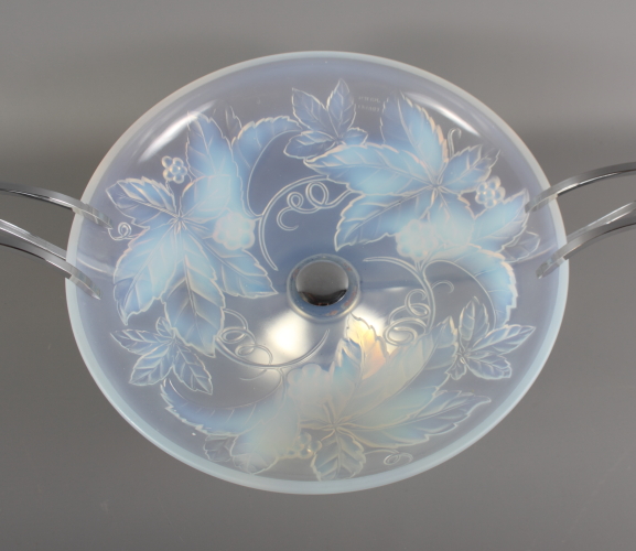 An Art Deco Julien France opalescent glass bowl decorated foliate motifs with chrome stand and - Image 3 of 5