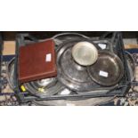 A silver plated twin handled gallery tray with pierced decoration, three plated entrée dishes and