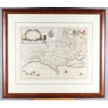 A Speed 17th Century hand-coloured map of Dorset, in burr oak frame