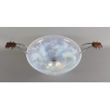 An Art Deco Julien France opalescent glass bowl decorated foliate motifs with chrome stand and