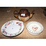 A Royal Doulton brown stoneware two-tone teapot, a Fortnum & Mason Copeland floral decorated hot