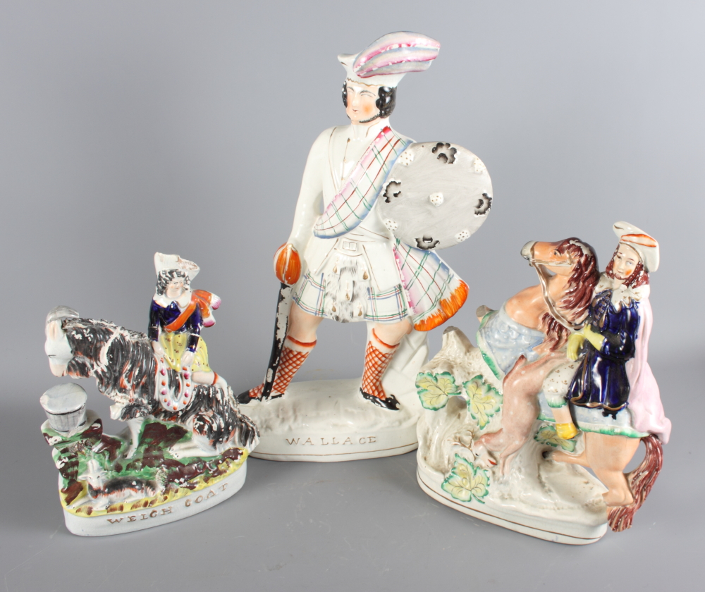 A Staffordshire flat back figure of Wallace, 17" high, and another, weigh goat, and one other,