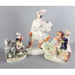 A Staffordshire flat back figure of Wallace, 17" high, and another, weigh goat, and one other,