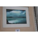Laurie Moses: acrylic on board, "Brewing Storm", 5" x 7", in hardwood frame, a larger companion