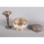 An American silver ring box, a silver trumpet vase and an Indian white metal rose bowl