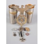 A collection of WWI and WWII Nazi items, including two WWI Kaiser Wilhelm beakers, a WWII gilt wound