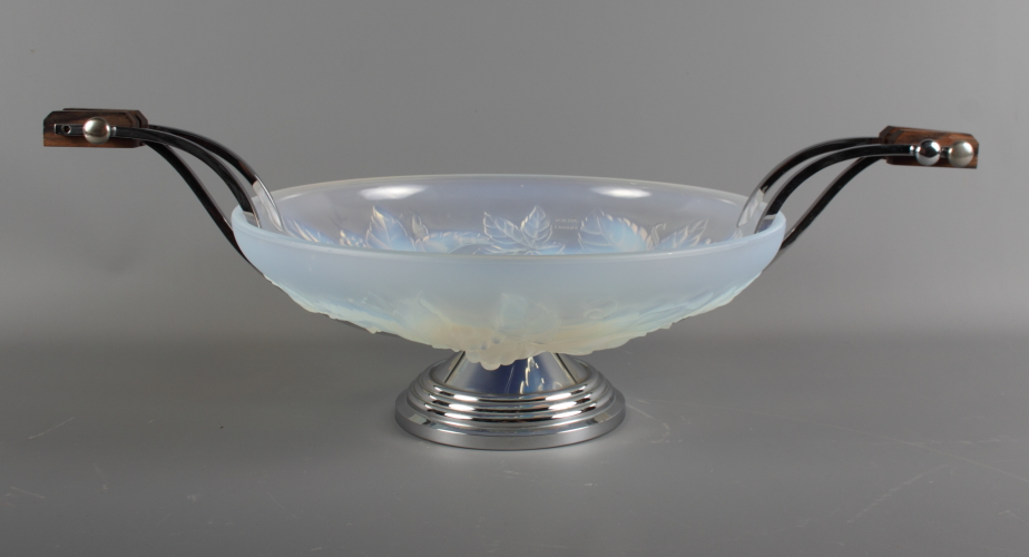 An Art Deco Julien France opalescent glass bowl decorated foliate motifs with chrome stand and - Image 2 of 5