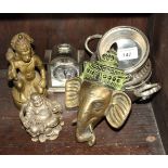 A modern brass head of Ganesh, a brass model of Hanuman, a seated Buddha and other metal items,