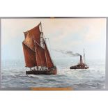 Gordon Allan: oil on canvas, Thames barge with a tug, 30" x 20", unframed