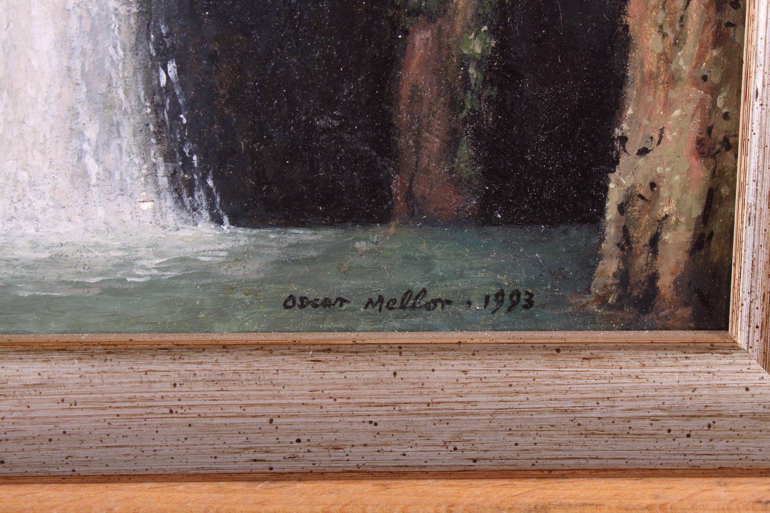 Oscar Mellor: oil on board, "A Game in Progress", figures on a bridge in front of a waterfall, - Image 2 of 2