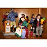 Six Royal Doulton china figures, "Old Balloon Seller" HN1315, "Lobster Man" HN2317, "Balloon Man"