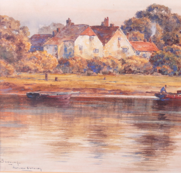 Alfred McDonald: watercolours and body colour, "Sonning - autumn evening", 24" x 10", in wash line - Bild 2 aus 3