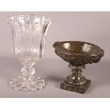 A cut glass celery vase and a green marble comport with carved vine decoration