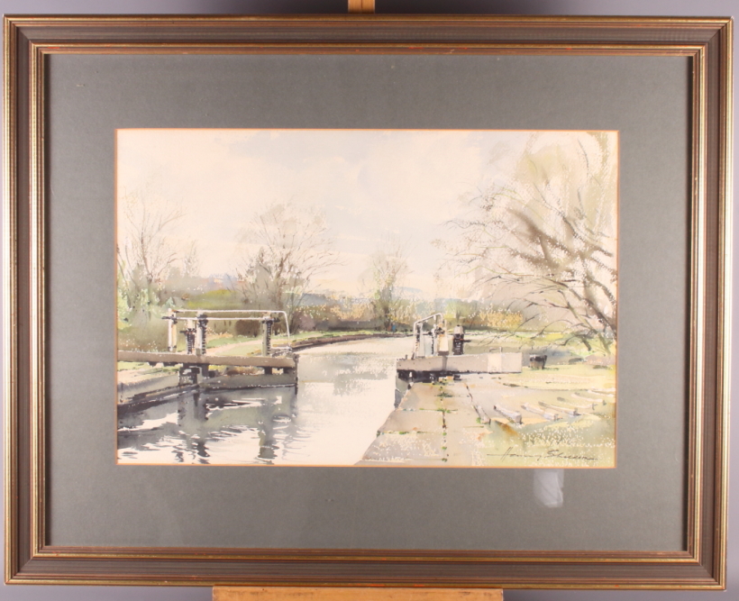 Henry Sheldon: watercolour, canal scene with lock gates, 14" x 21", in gilt frame, and a companion