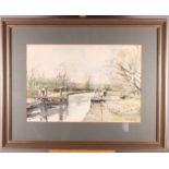 Henry Sheldon: watercolour, canal scene with lock gates, 14" x 21", in gilt frame, and a companion
