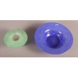 A Vasart green mottled glass posy holder, 5" dia, and a larger similar dish in shades of blue, 8"