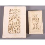 A Chinese carved ivory card case with landscape panel and four flower carved panel verso, 4 1/2"