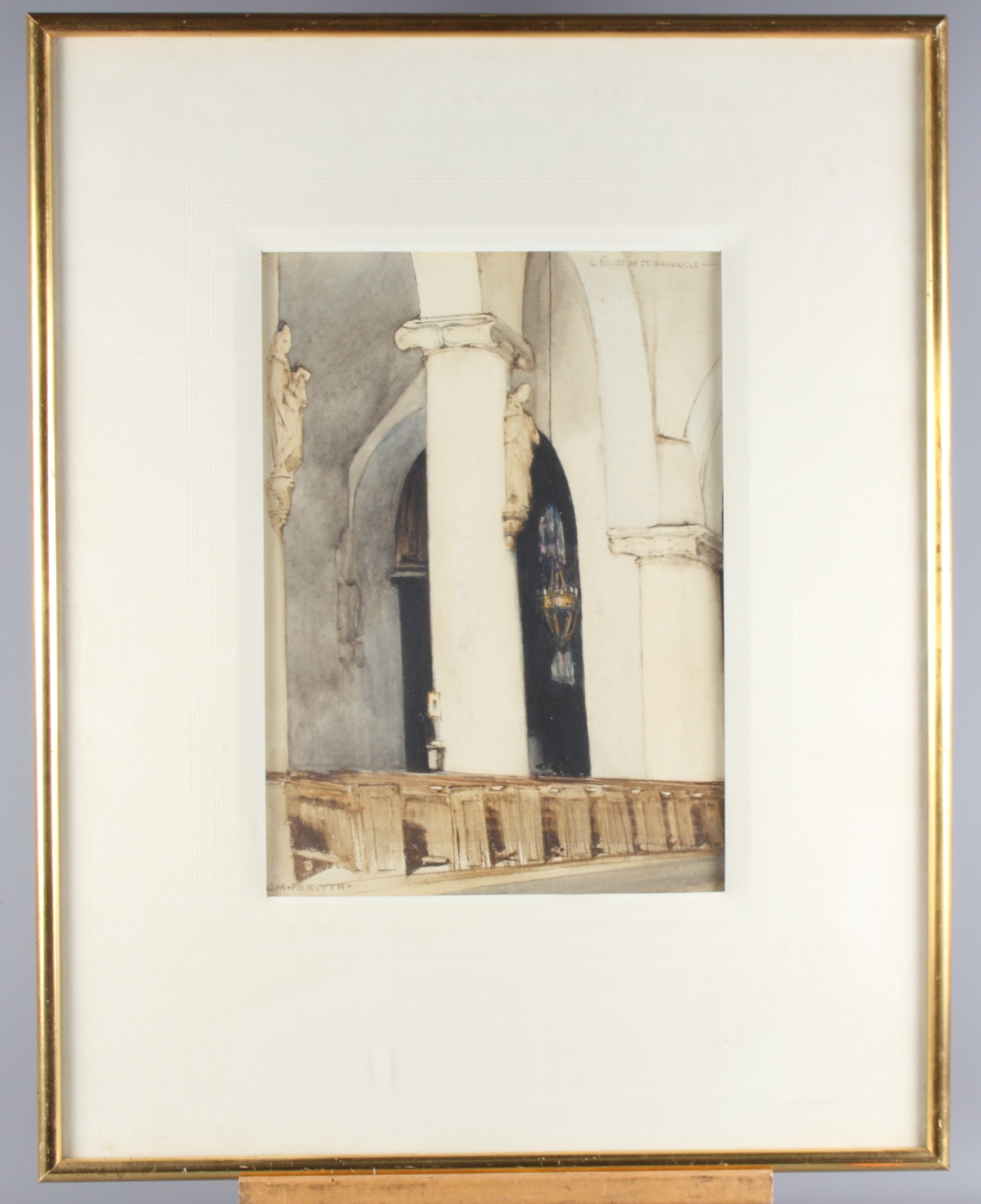 G M Forsyth: watercolour, interior view of L'Eglise Saint Wandrille, 15" x 10", in gilt frame, and