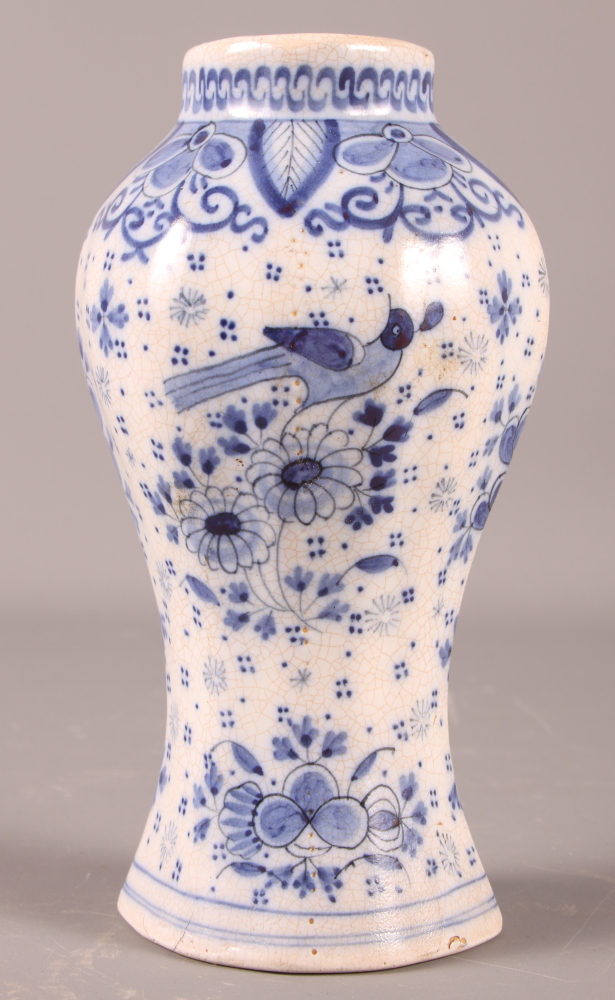 A Delft oviform jar with bird and scroll decoration, 6" high - Image 2 of 3