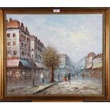 Burnett: oil on board, Parisienne scene with figures, 19" x 23" in gilt frame