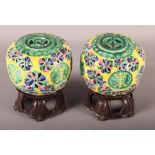 A pair of Chinese porcelain polychrome incense holders, globular form, on hardwood stands