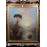 Follower of Turner: a 19th Century oil on canvas, classical landscape with small boat and figures at